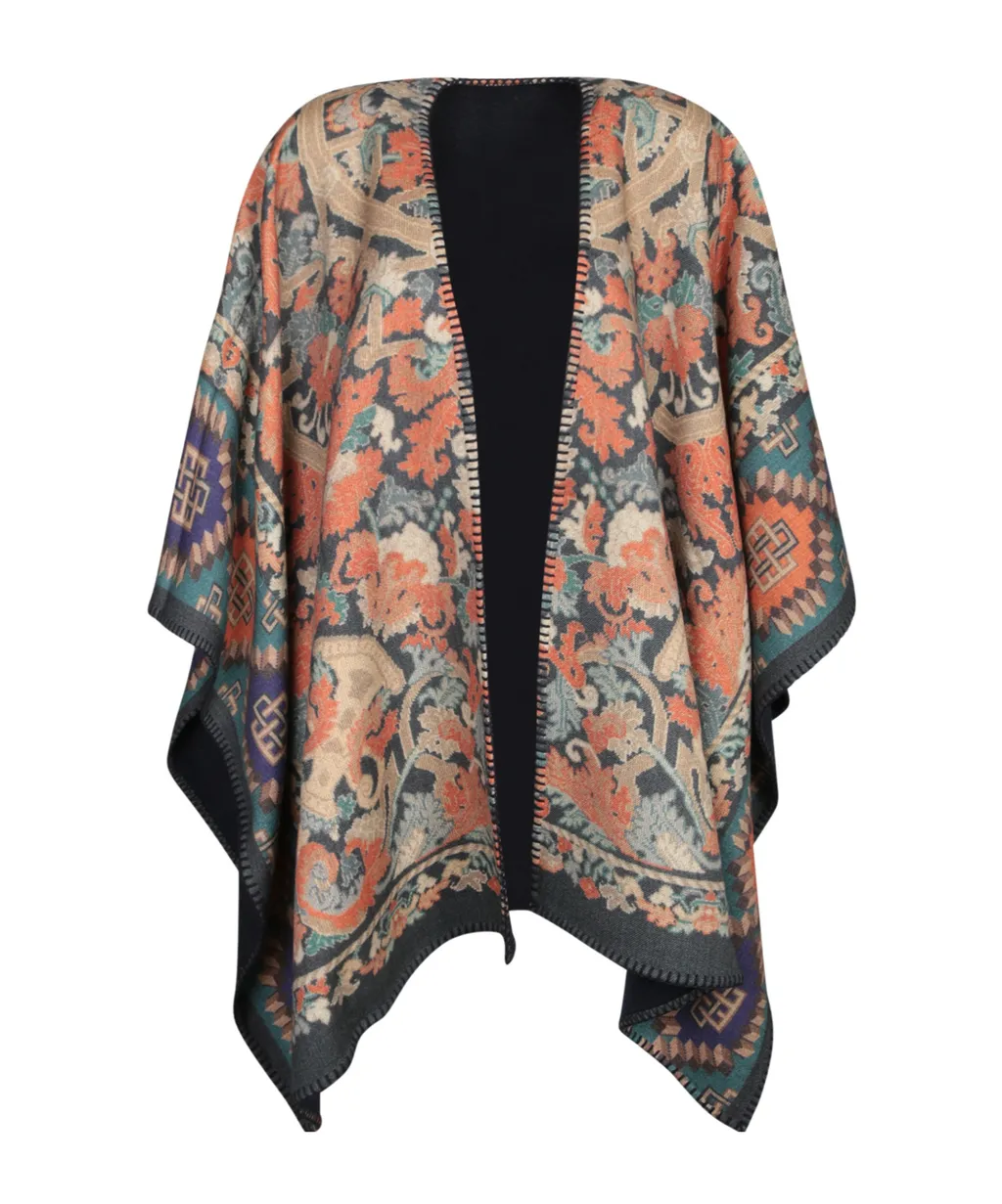 Patterned Open Front Poncho