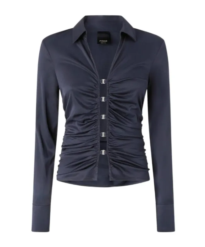 Shiny Gathered-Detail Blouse, 1