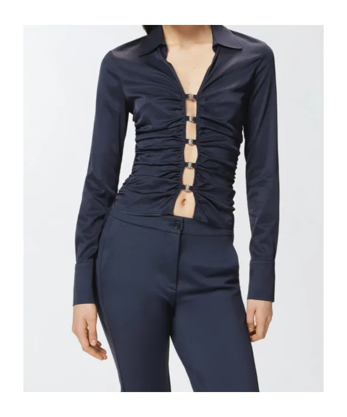 Shiny Gathered-Detail Blouse, 2