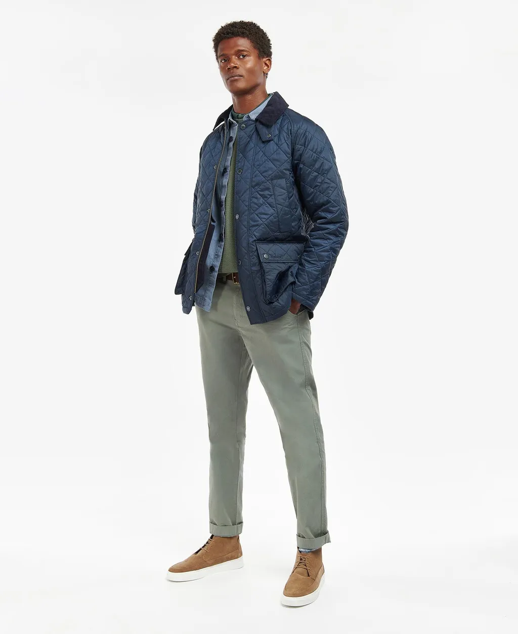 Diamond-Quilting Corduroy-Collar Jacket