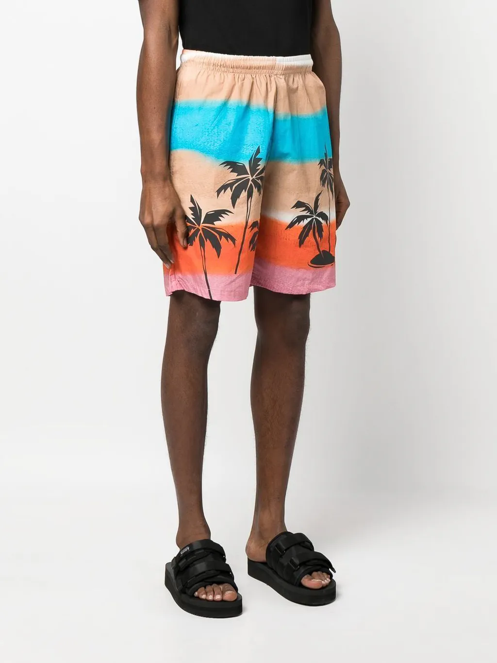 Palm-Tree Printed Striped Bermuda Shorts
