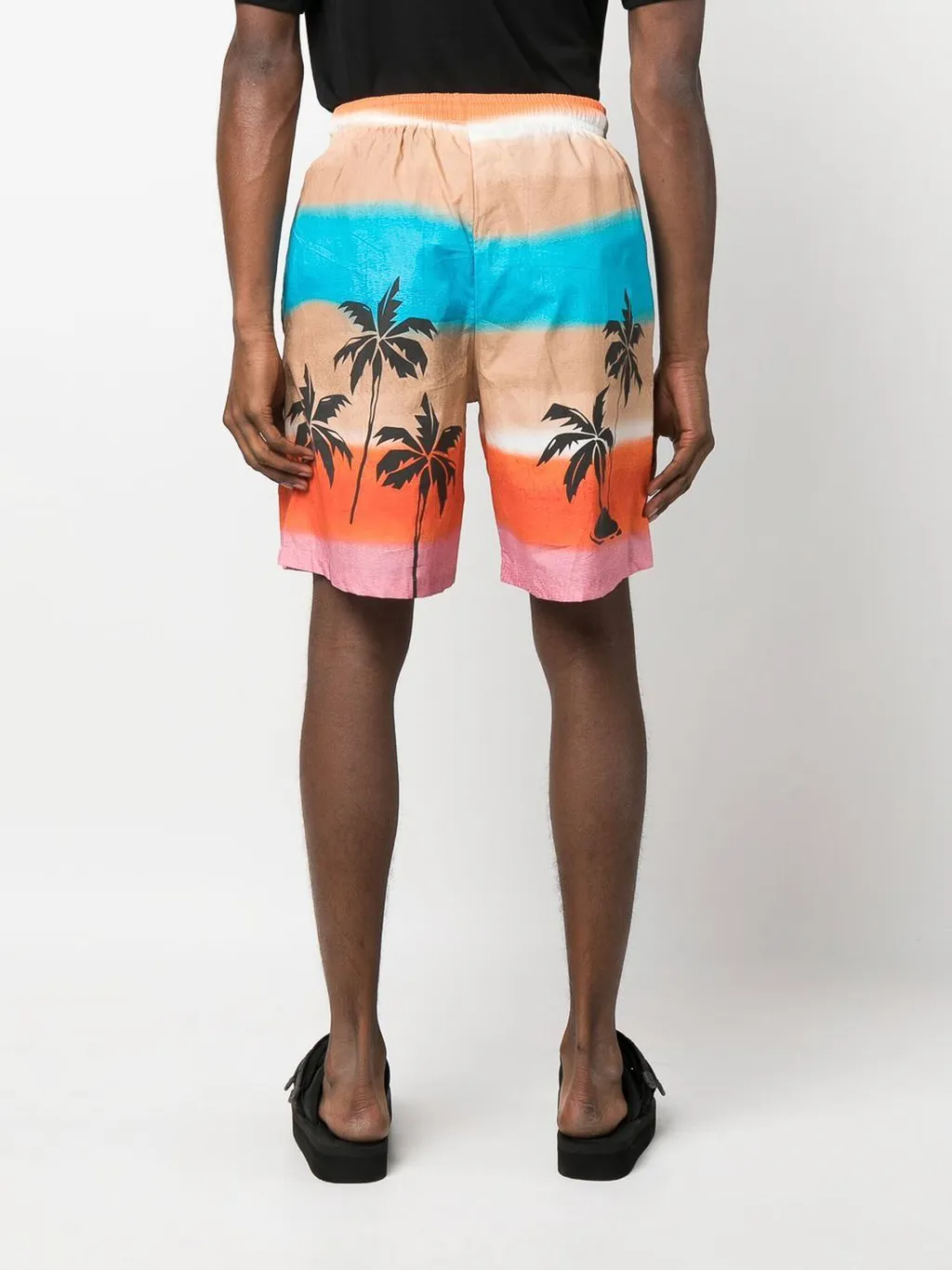 Palm-Tree Printed Striped Bermuda Shorts