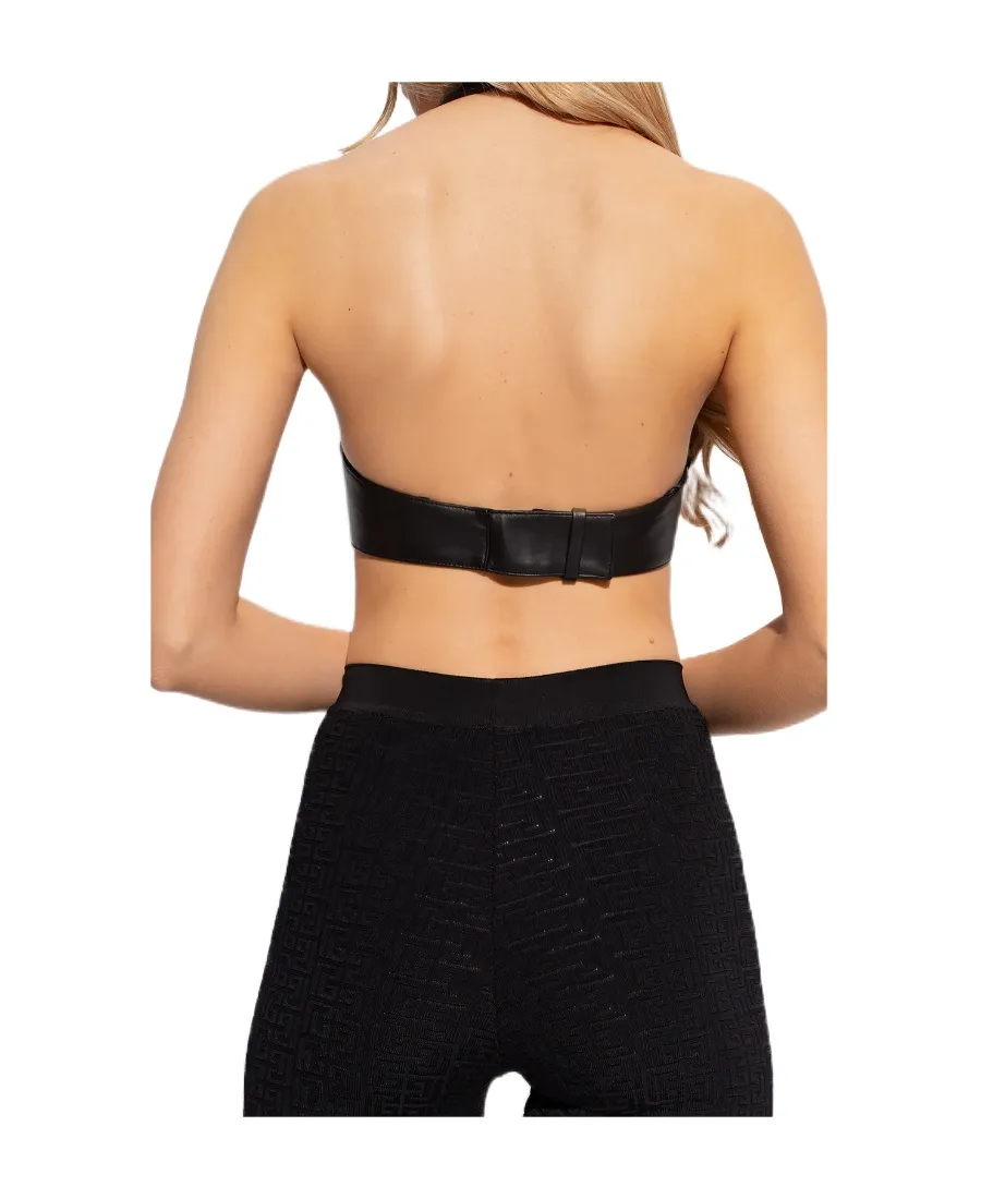Black Leather Crop Top With Open Back