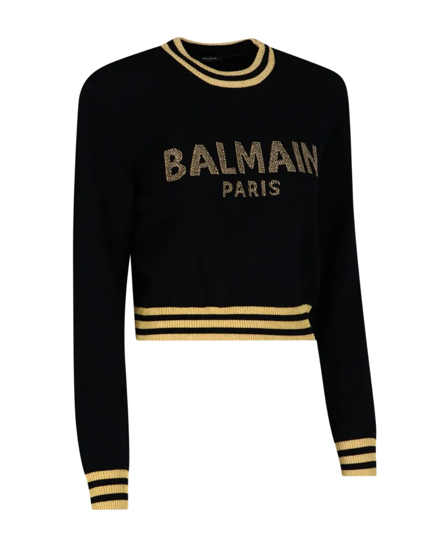 Cropped Wool Sweatshirt With Gold Balmain Logo