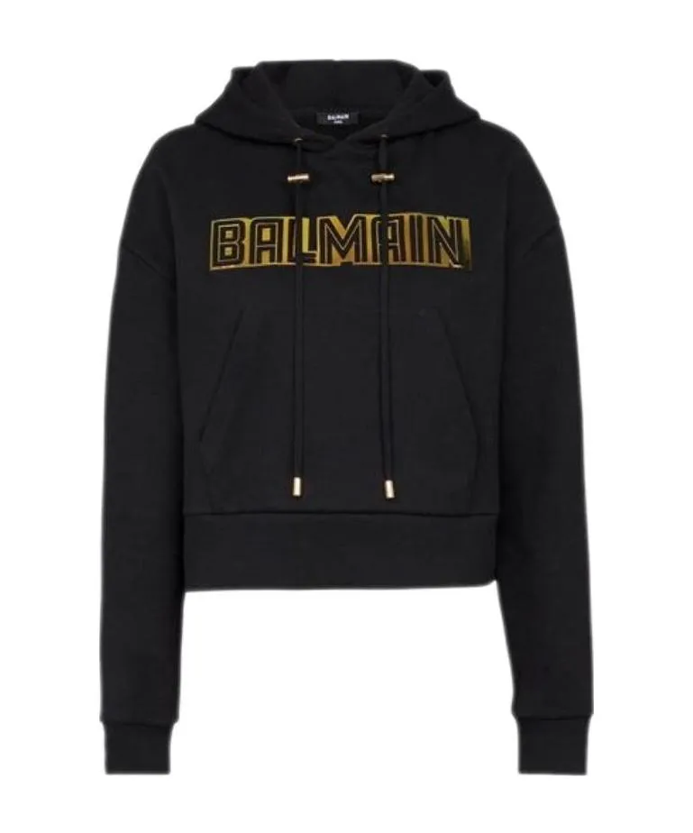 Cropped Black Cotton Sweatshirt With Gold Balmain Logo