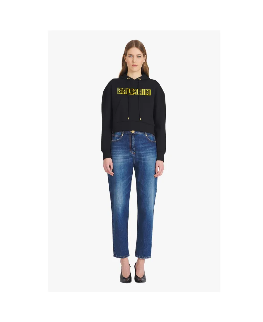 Cropped Black Cotton Sweatshirt With Gold Balmain Logo