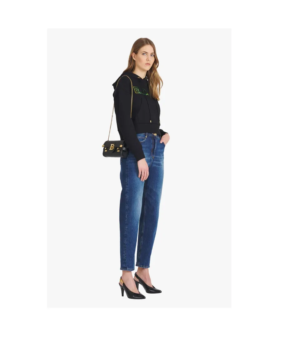 Cropped Black Cotton Sweatshirt With Gold Balmain Logo