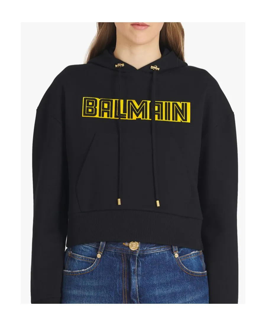 Cropped Black Cotton Sweatshirt With Gold Balmain Logo