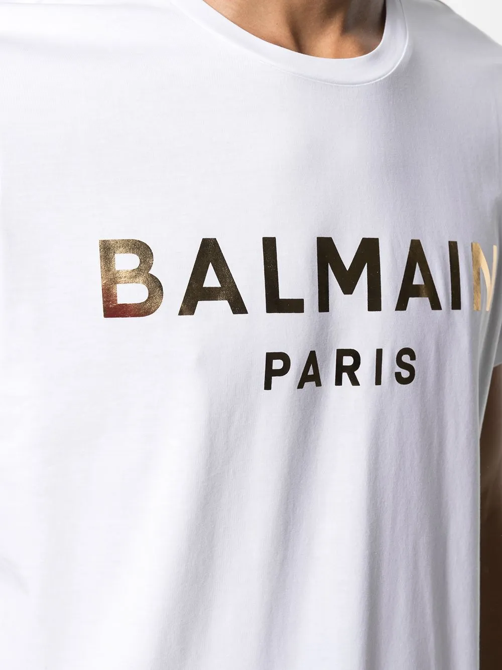 White Cotton T-Shirt With Gold Balmain Paris Logo Print