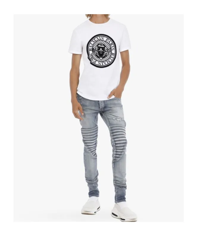 Cotton T-Shirt With Flocked Black Velvet Balmain Medallion