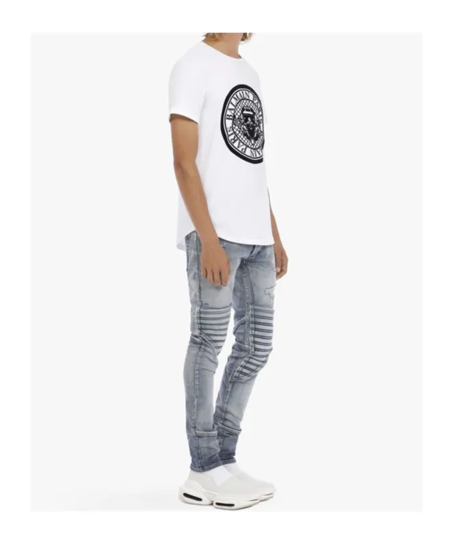 Cotton T-Shirt With Flocked Black Velvet Balmain Medallion