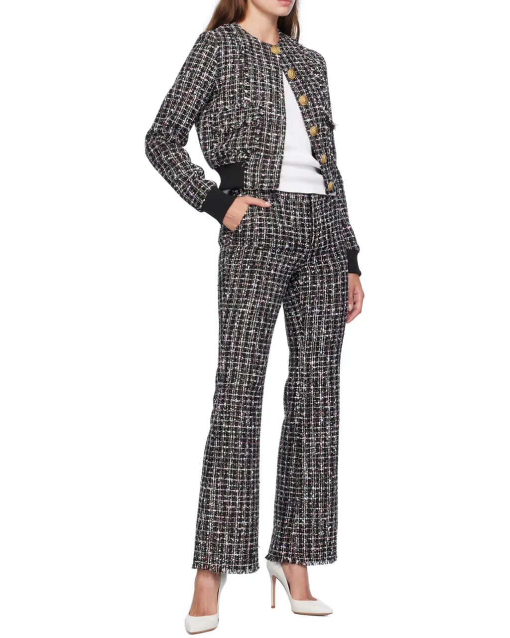 Mid Rise Tweed Flared Trousers