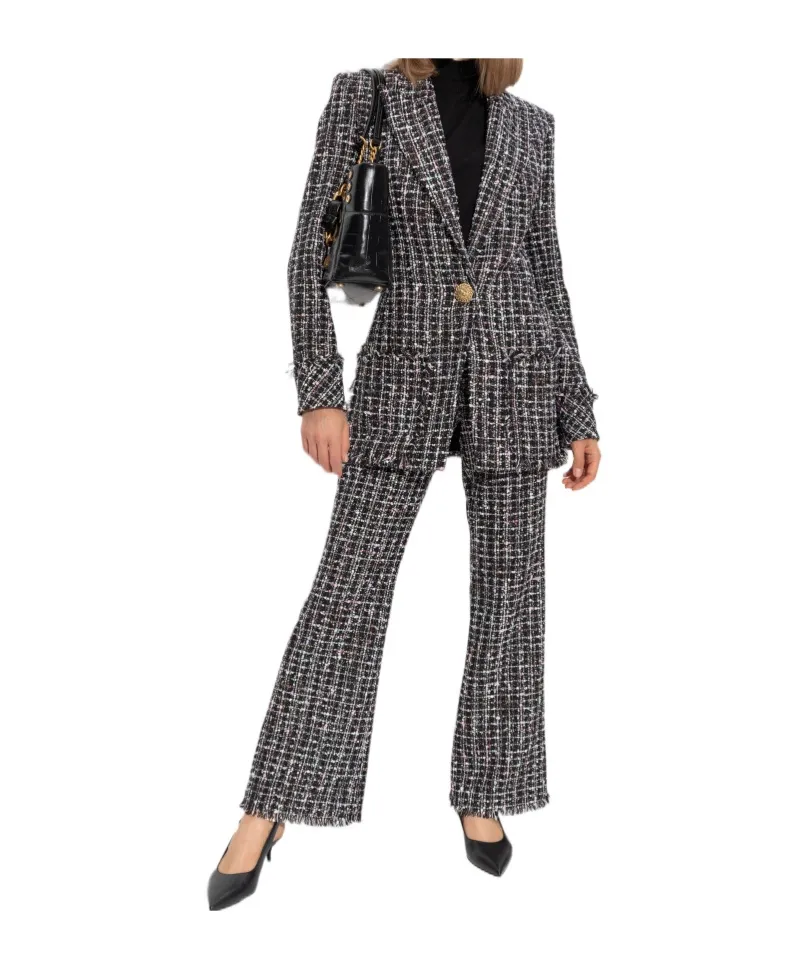 Mid Rise Tweed Flared Trousers