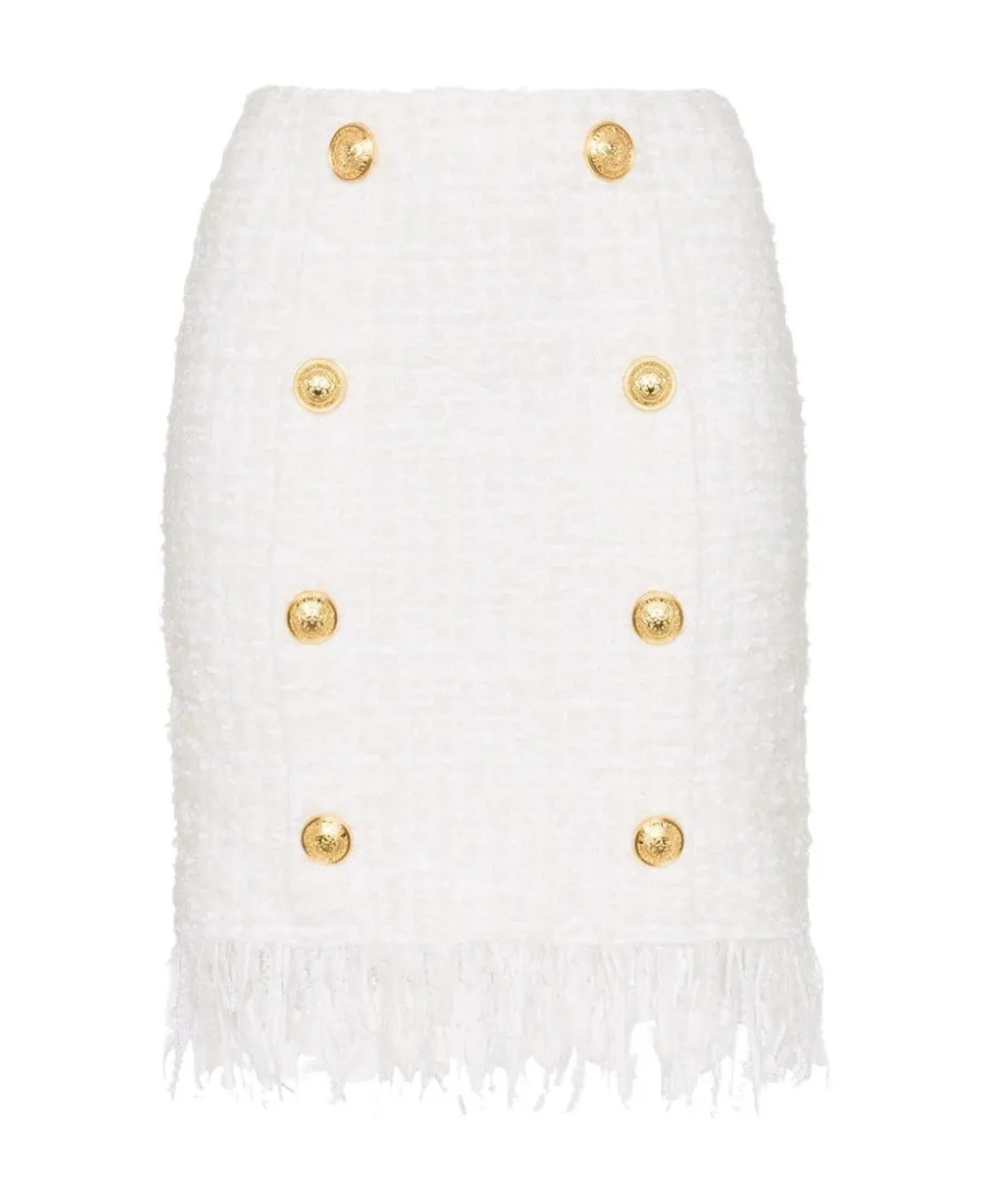 Tweed Shredded Hem Gold Tone Button Skirt