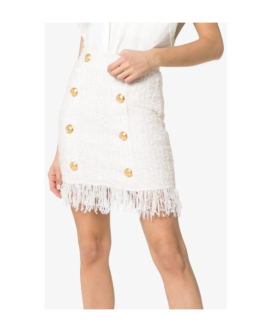 Tweed Shredded Hem Gold Tone Button Skirt