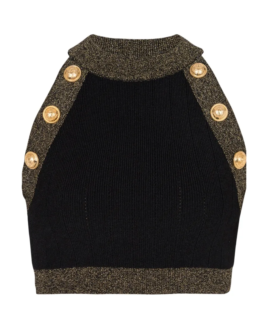 Gold-Trimmed Knit Crop Top