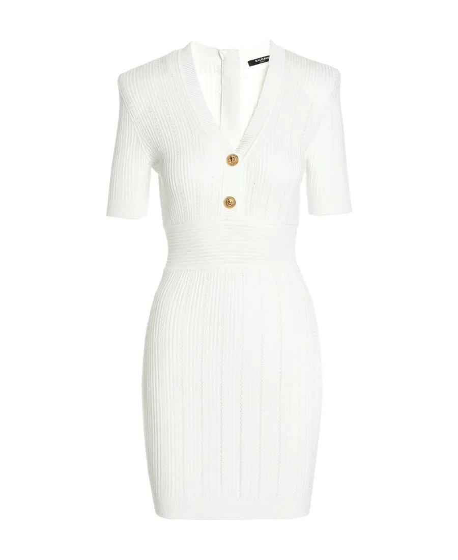 Ribbed-Knit Buttoned Minidress