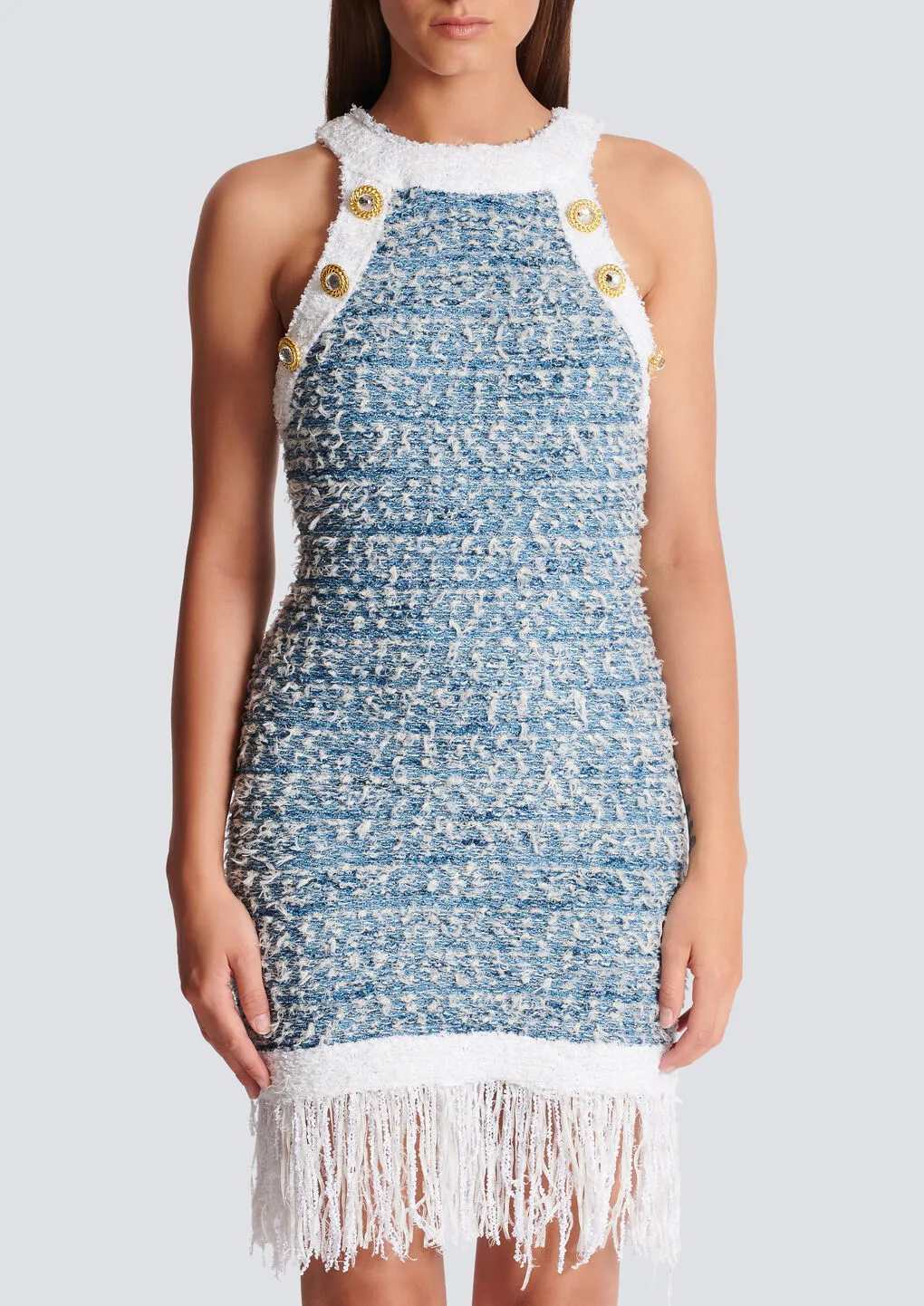 Fringed Denim Tweed Dress