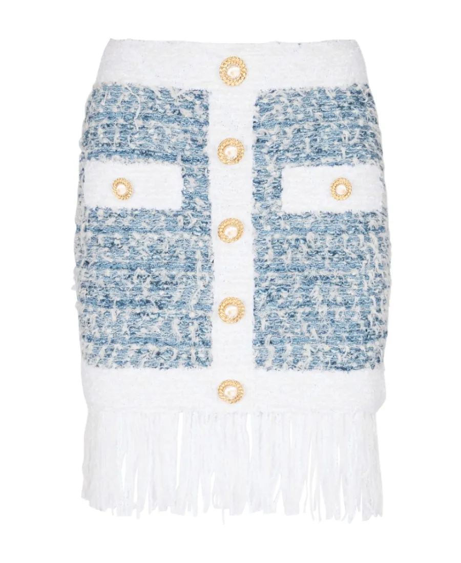 Buttoned Denim Fringed Tweed Mini Skirt