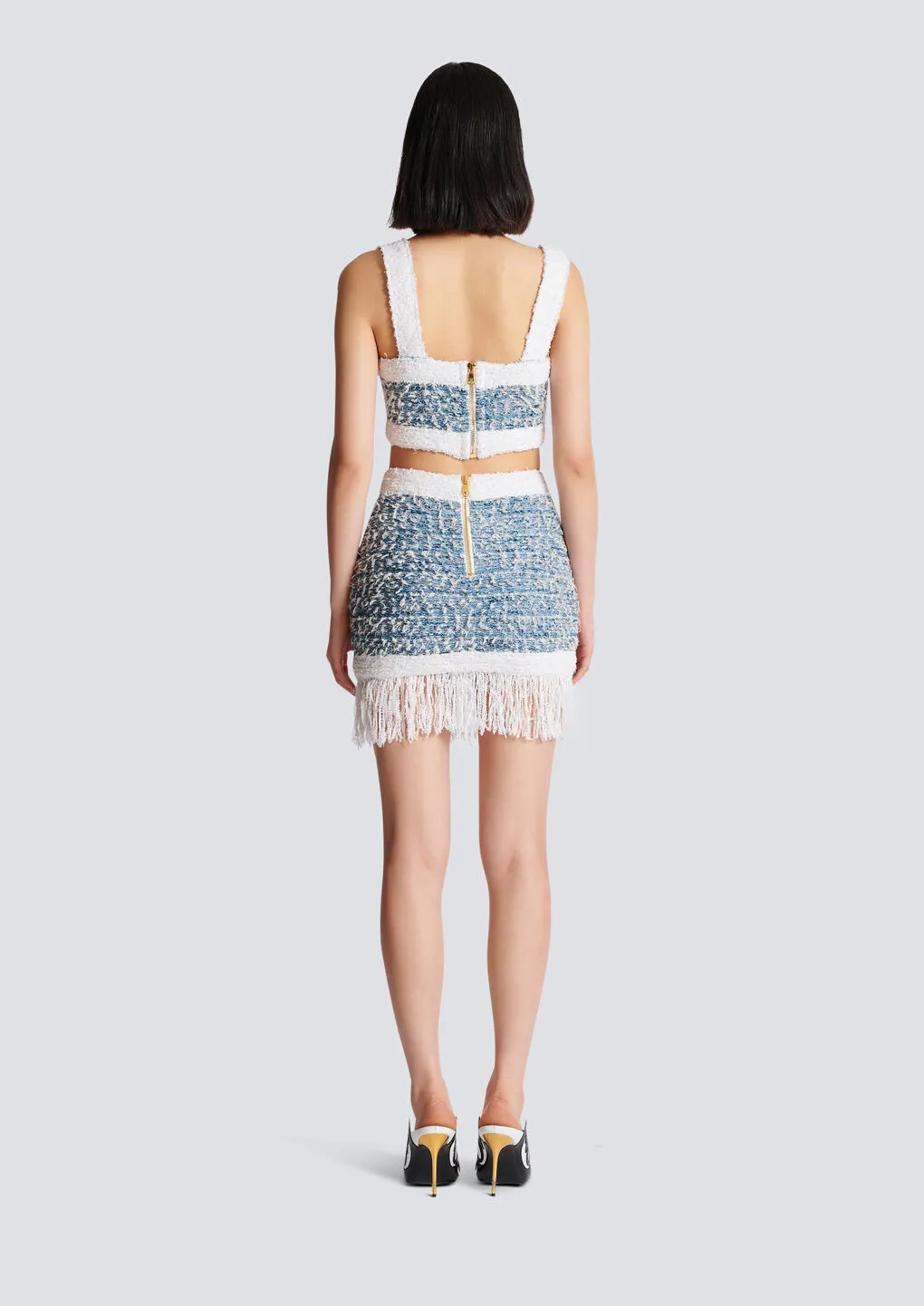 Buttoned Denim Fringed Tweed Mini Skirt