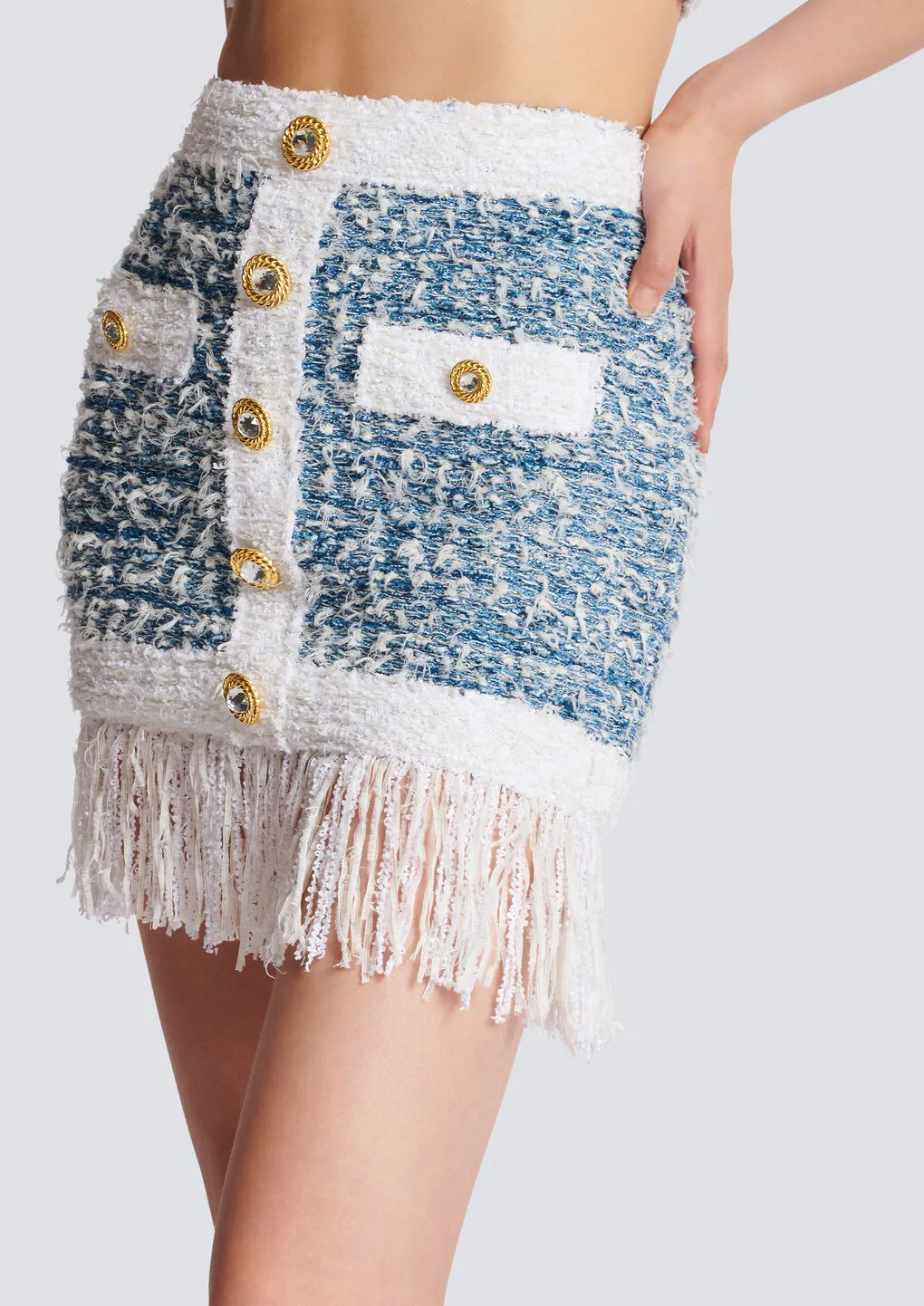 Buttoned Denim Fringed Tweed Mini Skirt
