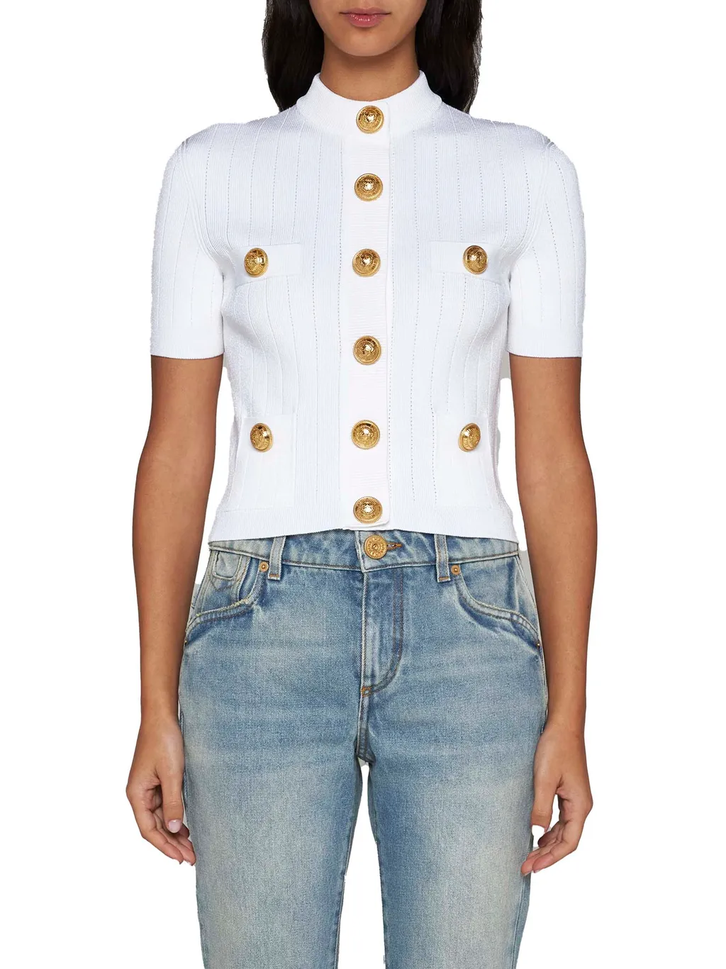Ribbed-Knit Short-Sleeved Cardigan