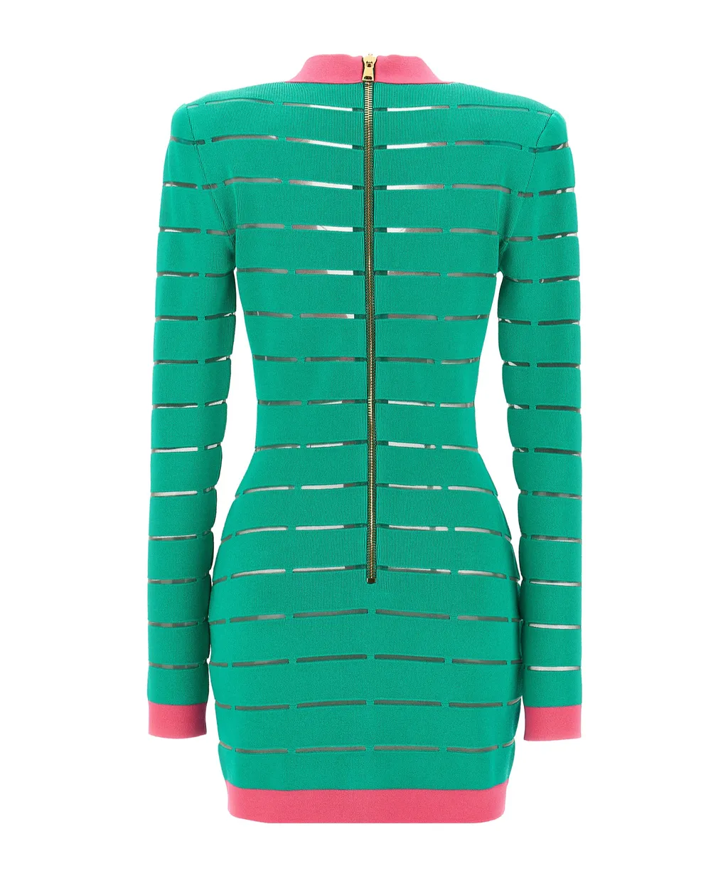 Button-Embellishment V-Neck Knitted Mini Dress