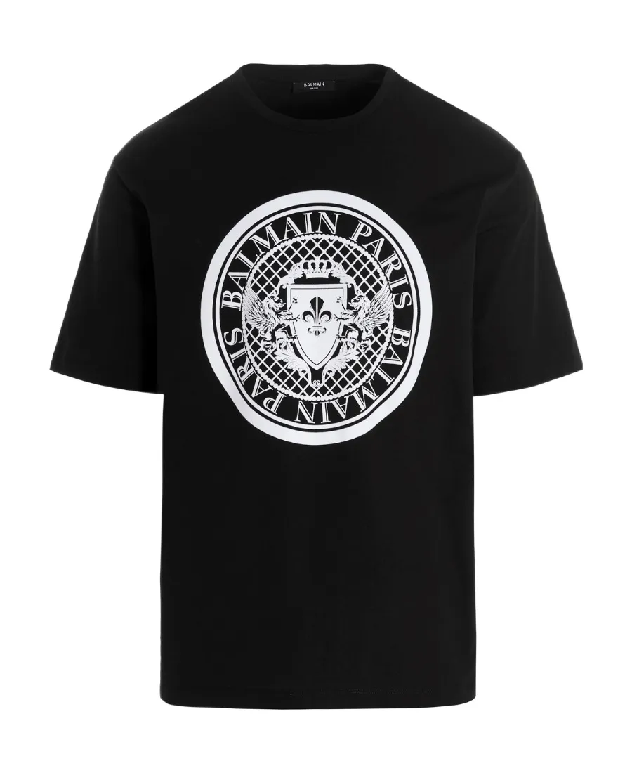 Cotton T-Shirt With Flocked Balmain Medallion