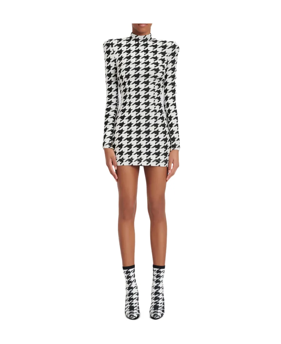 Short Houndstooth Print Velvet Dress