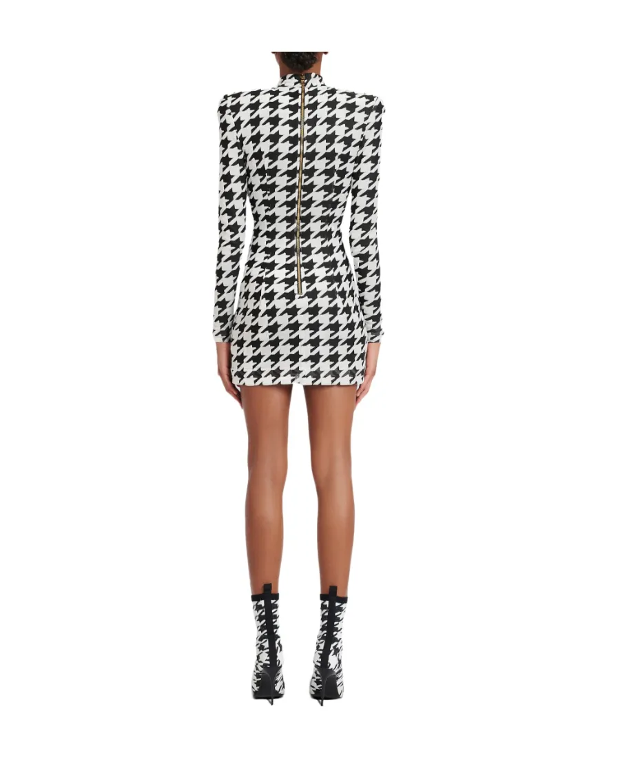 Short Houndstooth Print Velvet Dress