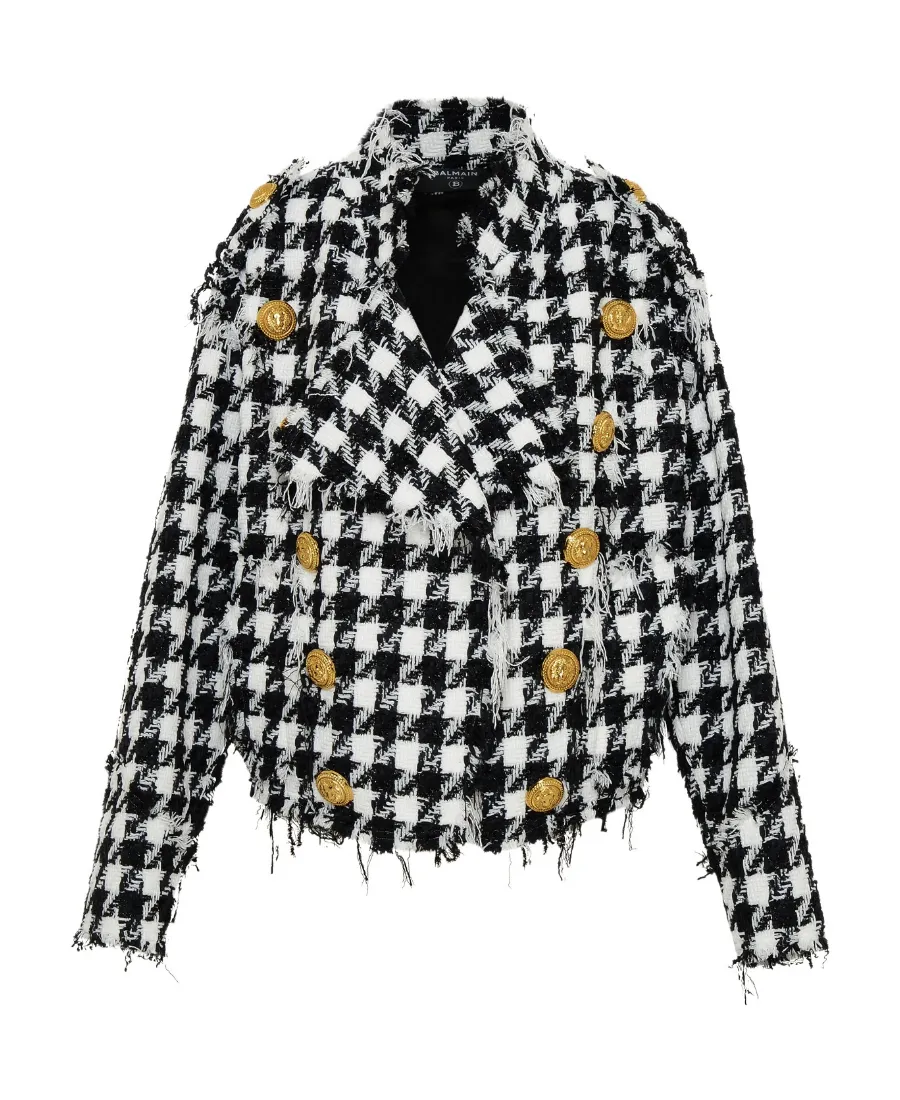 Houndstooth Pattern Frayed Tweed Jacket