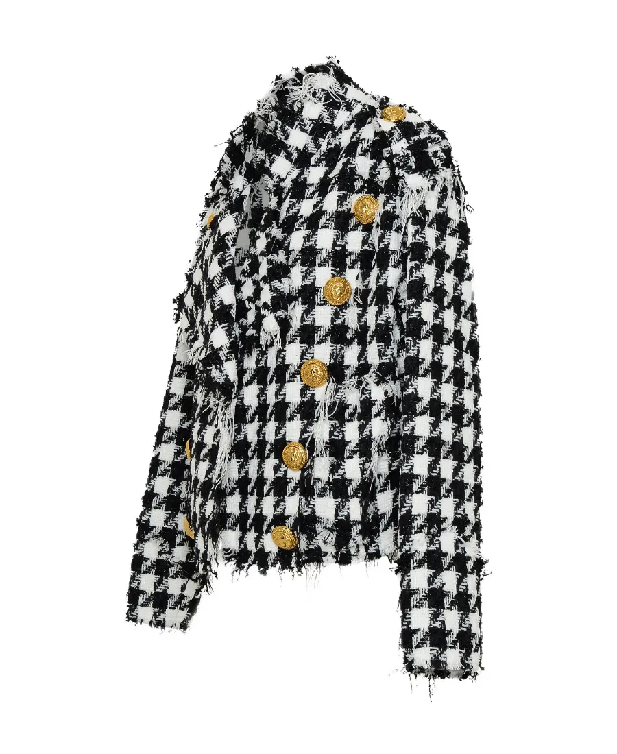 Houndstooth Pattern Frayed Tweed Jacket