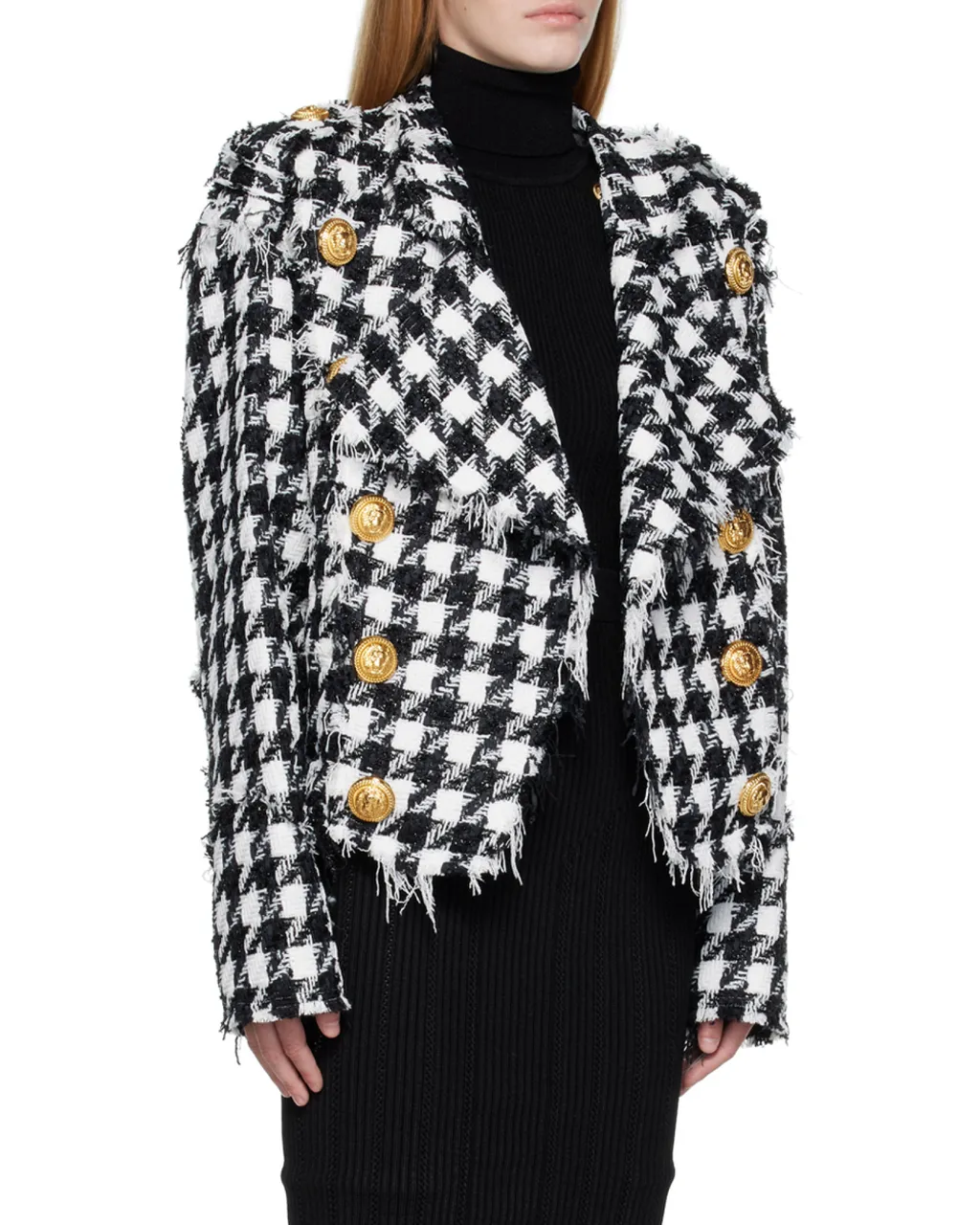 Houndstooth Pattern Frayed Tweed Jacket