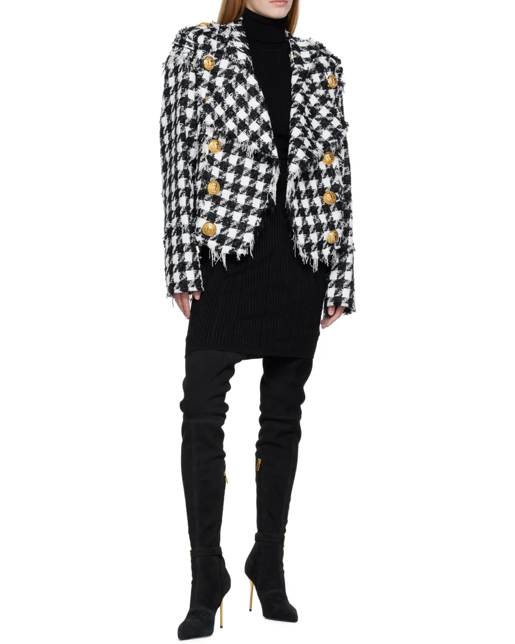 Houndstooth Pattern Frayed Tweed Jacket