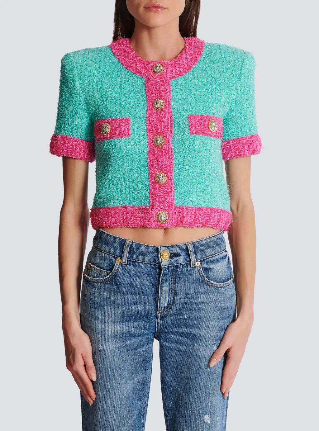 Two-Tone Cropped Knit Cardigan