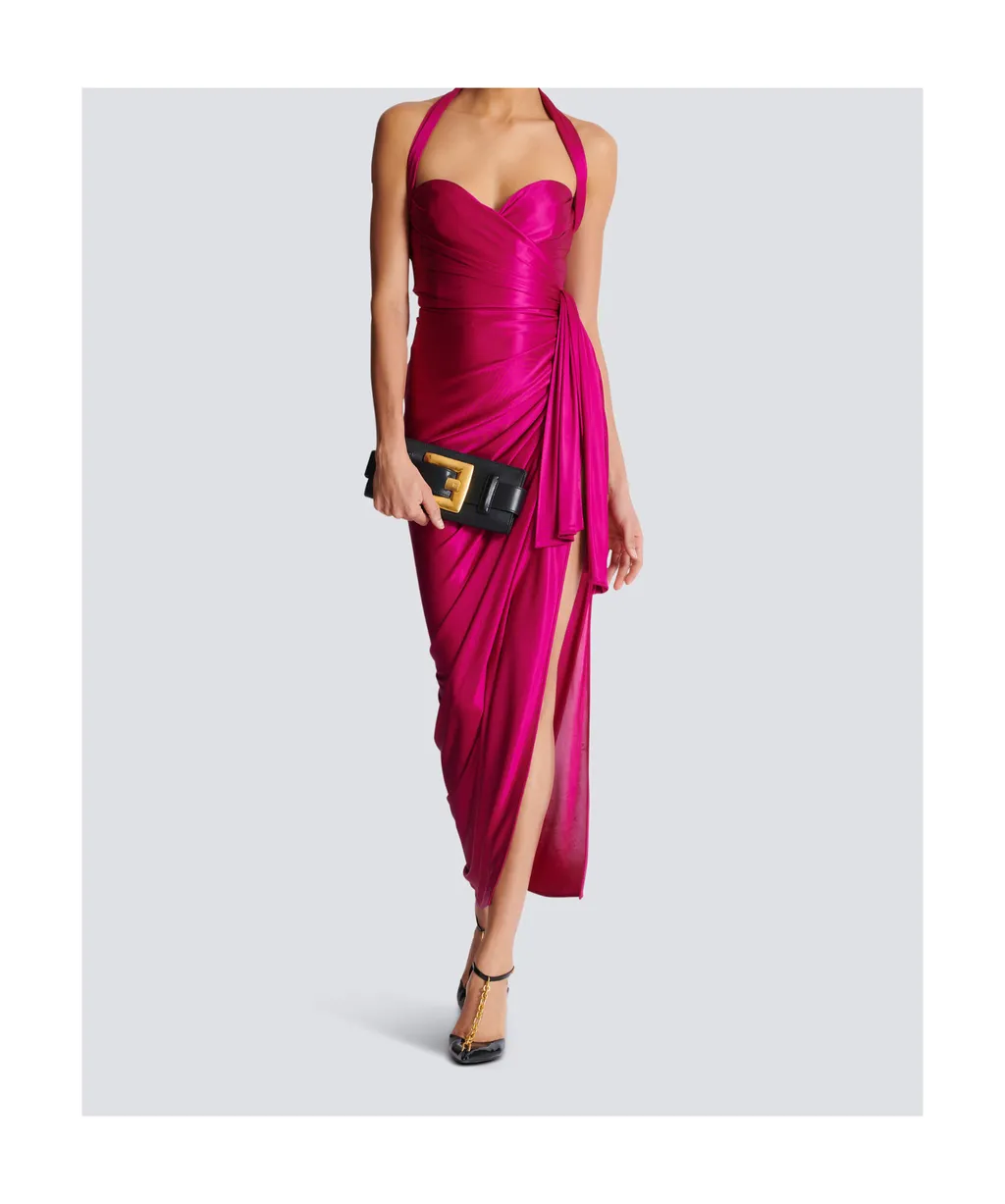 Draped Front Slit Jersey Midi Dress