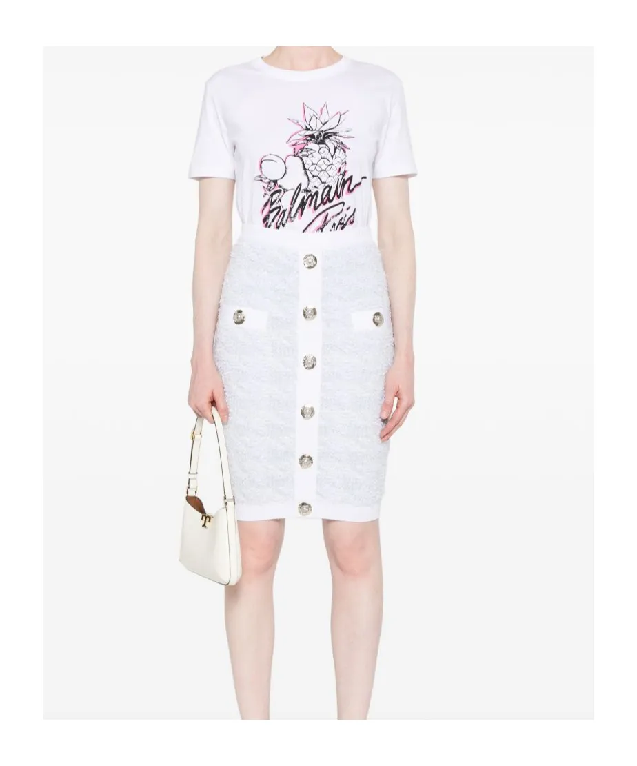 Button Embellished Tweed Mini Skirt