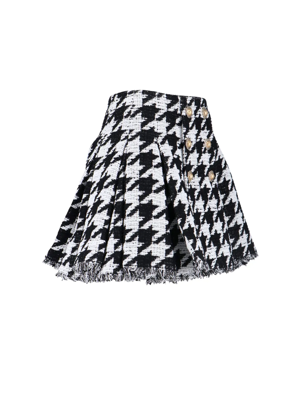 Button Embellished Houndstooth Tweed Mini Skirt