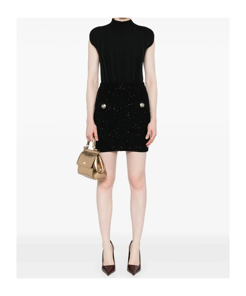 Button Embellished Tweed Mini Skirt