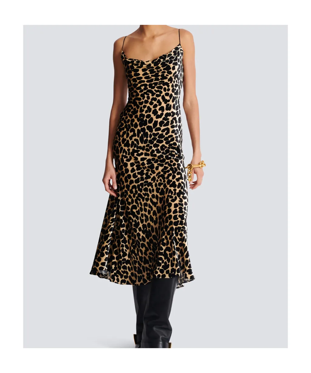 Flowing Leopard Print Velvet Dress