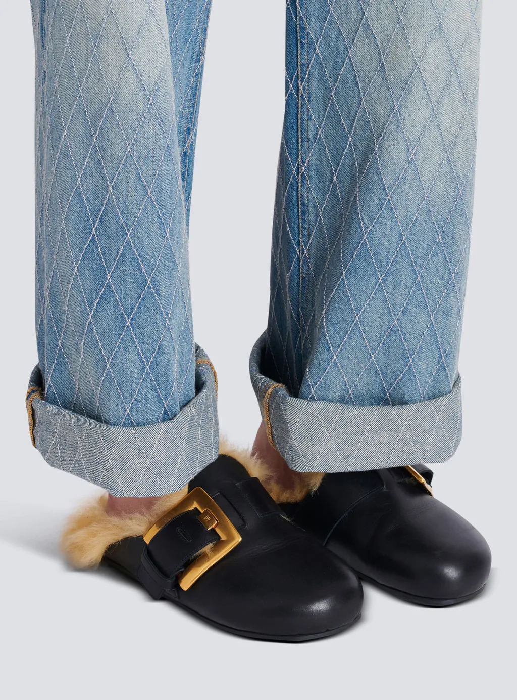 Flat Leather And Faux Fur Mules