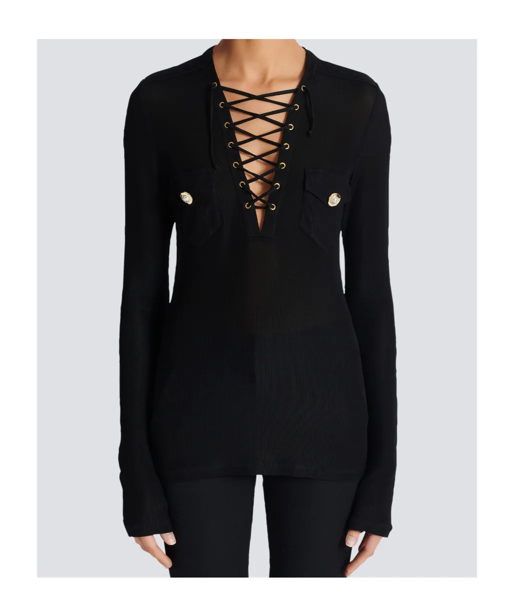 Long-Sleeved Lace-Up Top