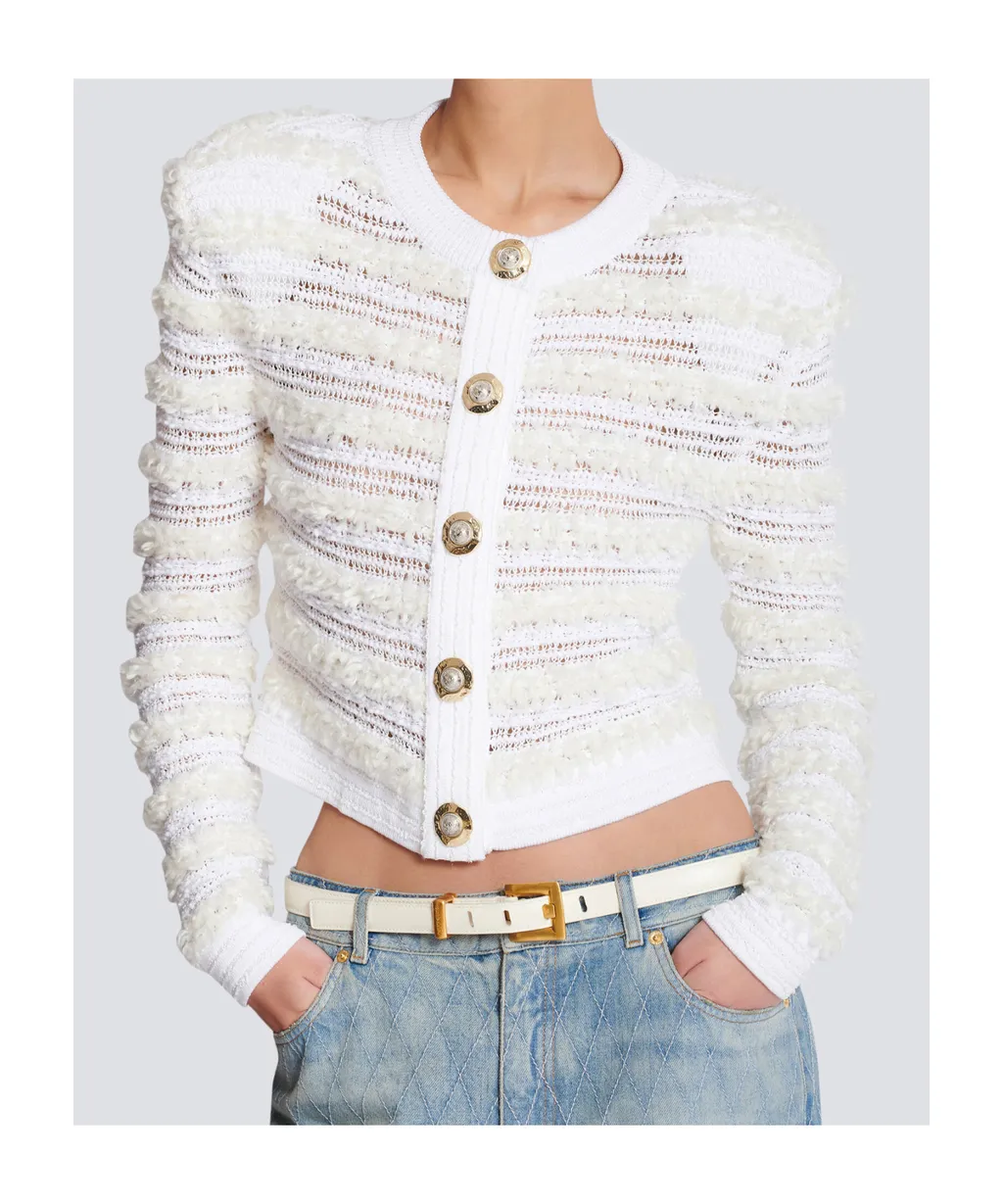 Long-Sleeved Tweed-Effect Knit Cardigan