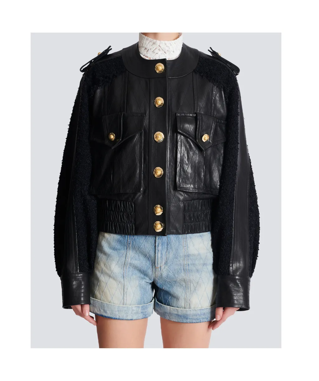 Tweed And Leather Bomber Jacket