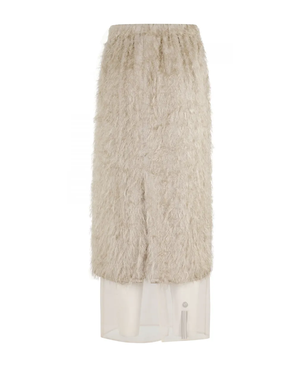Elasticated-Waistband Layered Fringed Midi Skirt