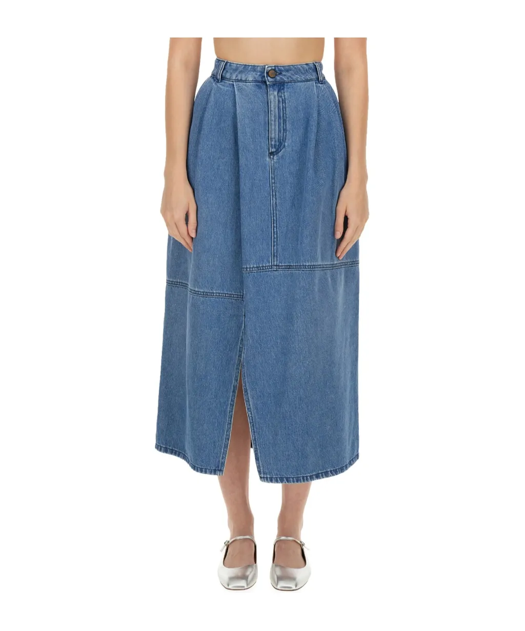 Slit-Detailed Pleated Denim Skirt