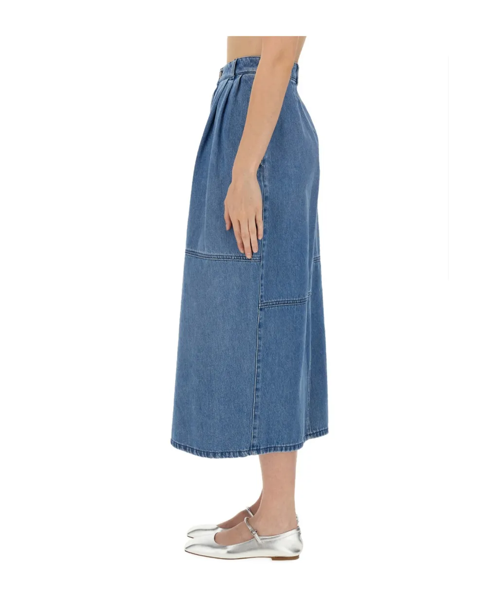 Slit-Detailed Pleated Denim Skirt