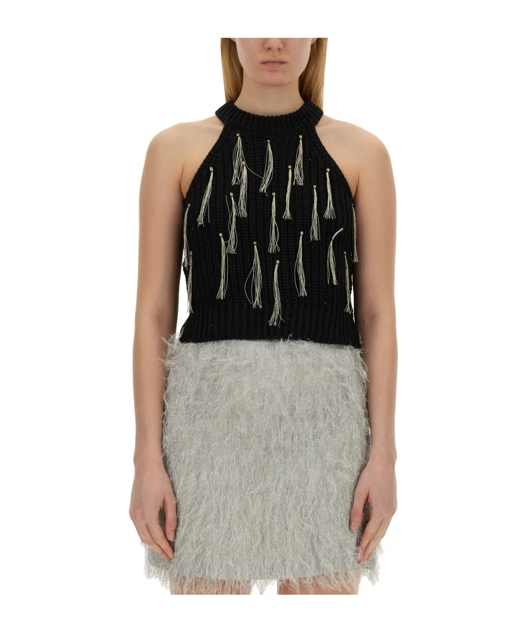 Fringe Embroidered Sleeveless Knitted Top