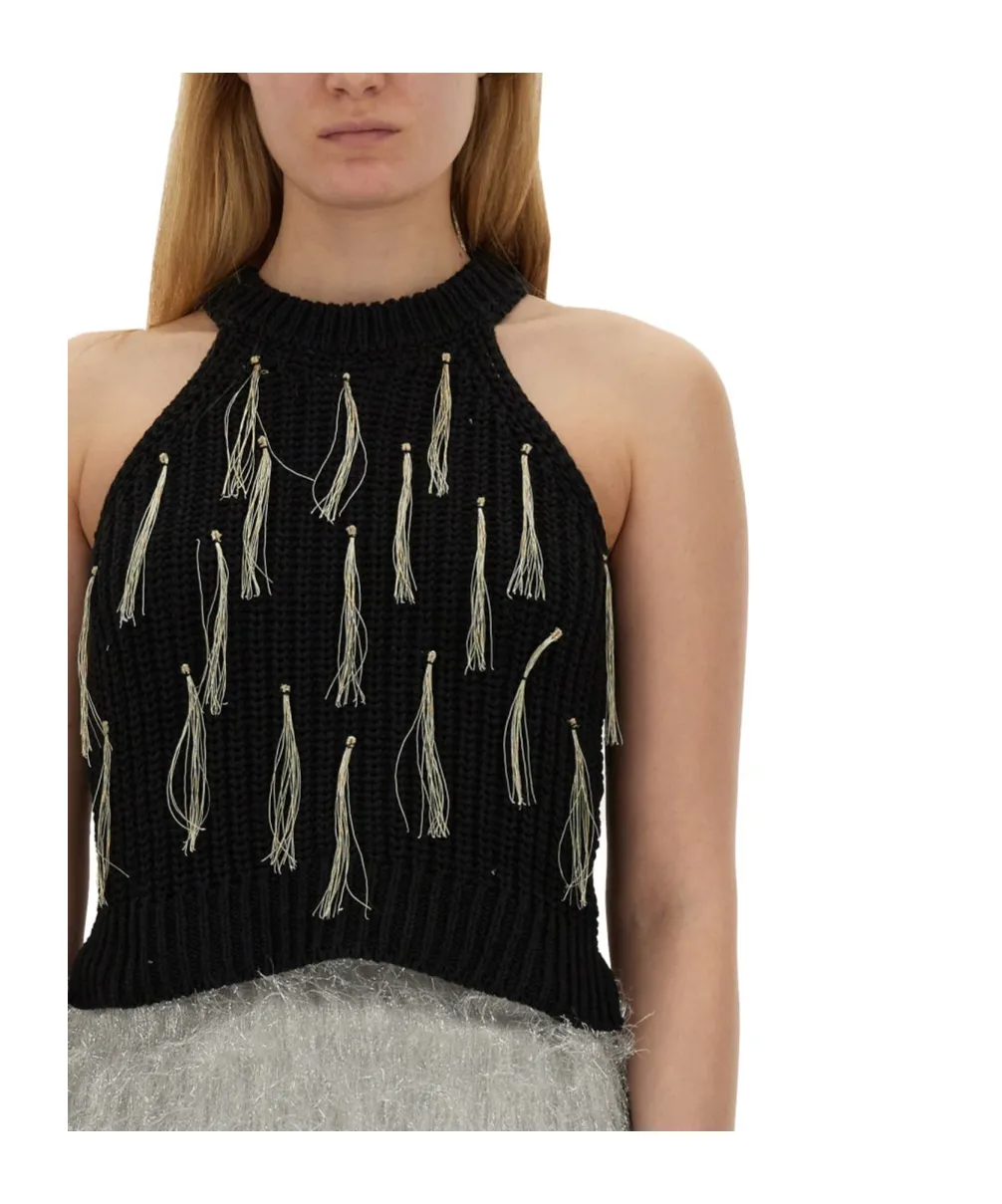 Fringe Embroidered Sleeveless Knitted Top