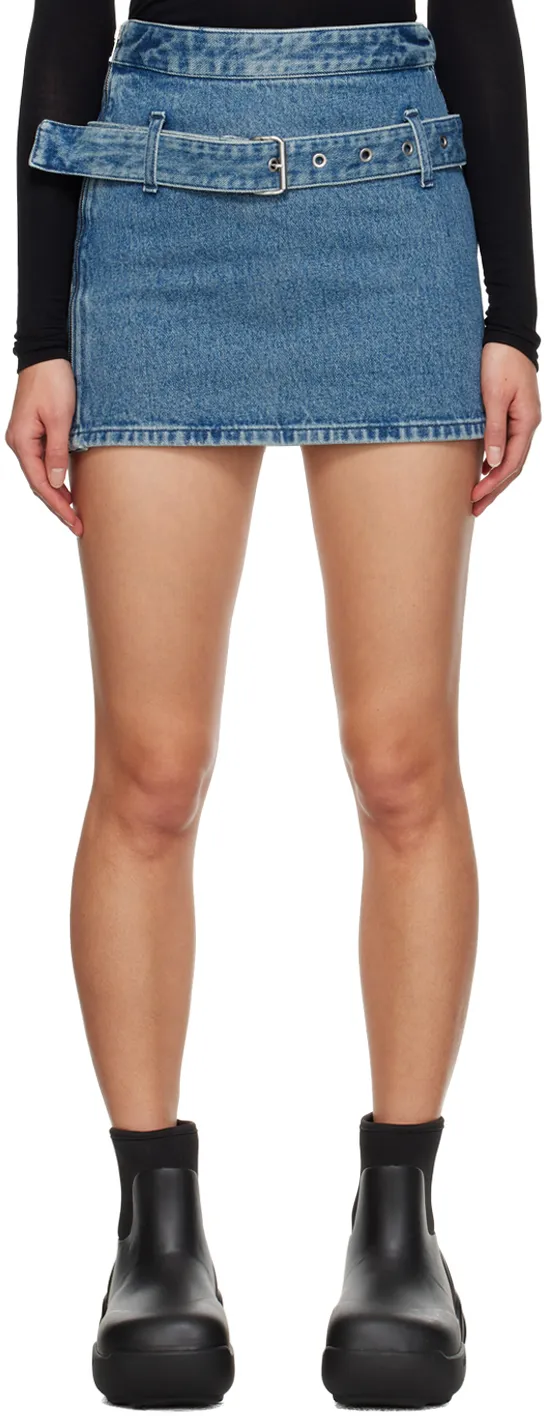 Belted Straight Hem Denim Mini Skirt